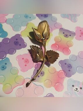 Vintage Gold Tone Rose Brooch Long Stem Floral Pin